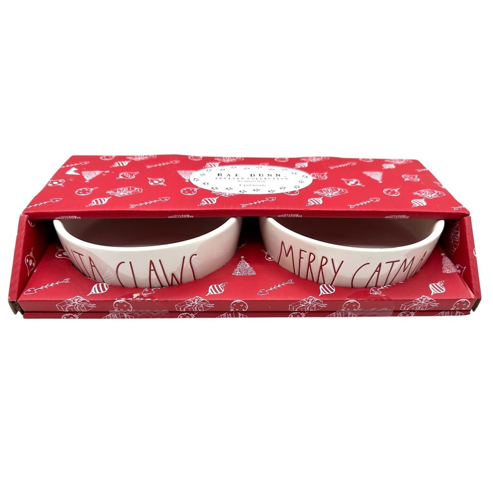 Rae Dunn Pet Food Bowls 4" Christmas Bowls "Santa Claws" & "Merry Catmas" NEW